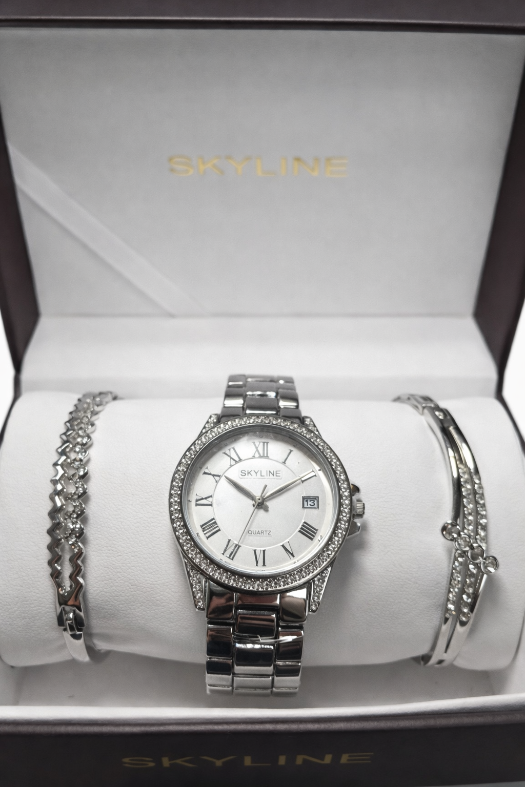 Conjunto reloj plateado brillo